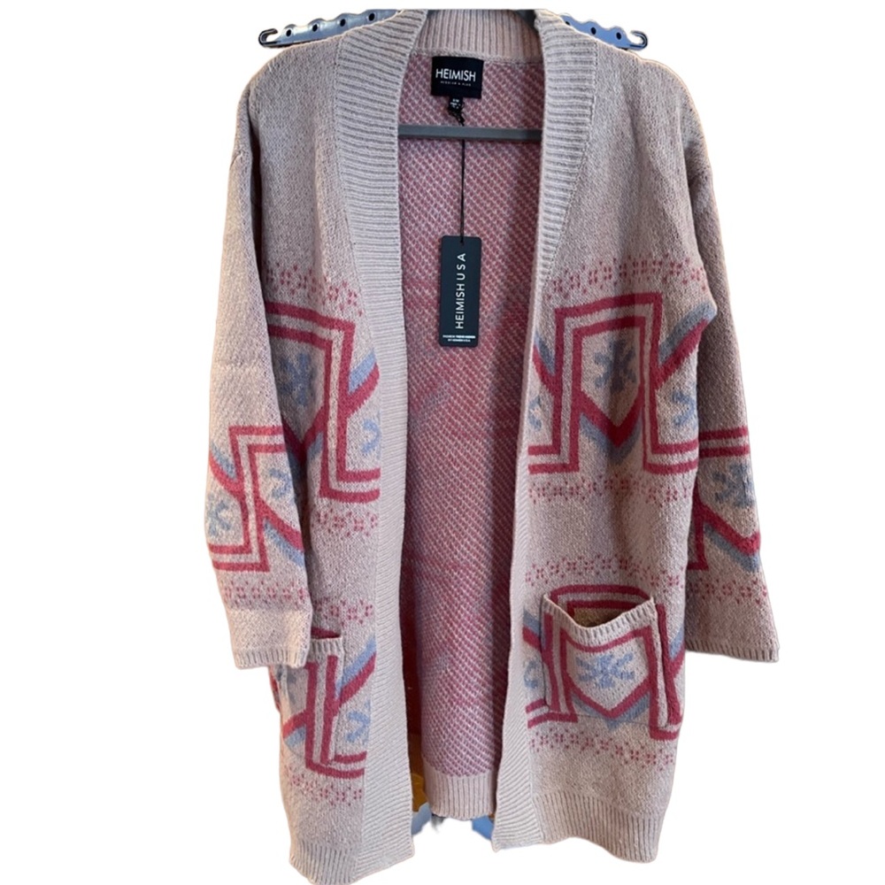 Heimish Luxe Soft Multi Print Taupe Open Front Cardigan.